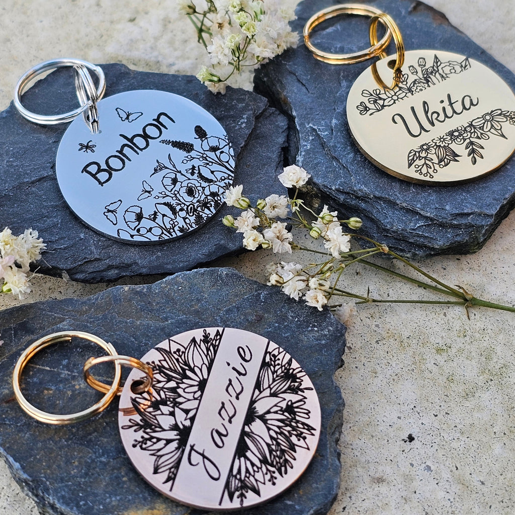 médaille d'identification pour chien et chat avec des design de fleurs - numéro de téléphone - Médaille en acier inoxydable.