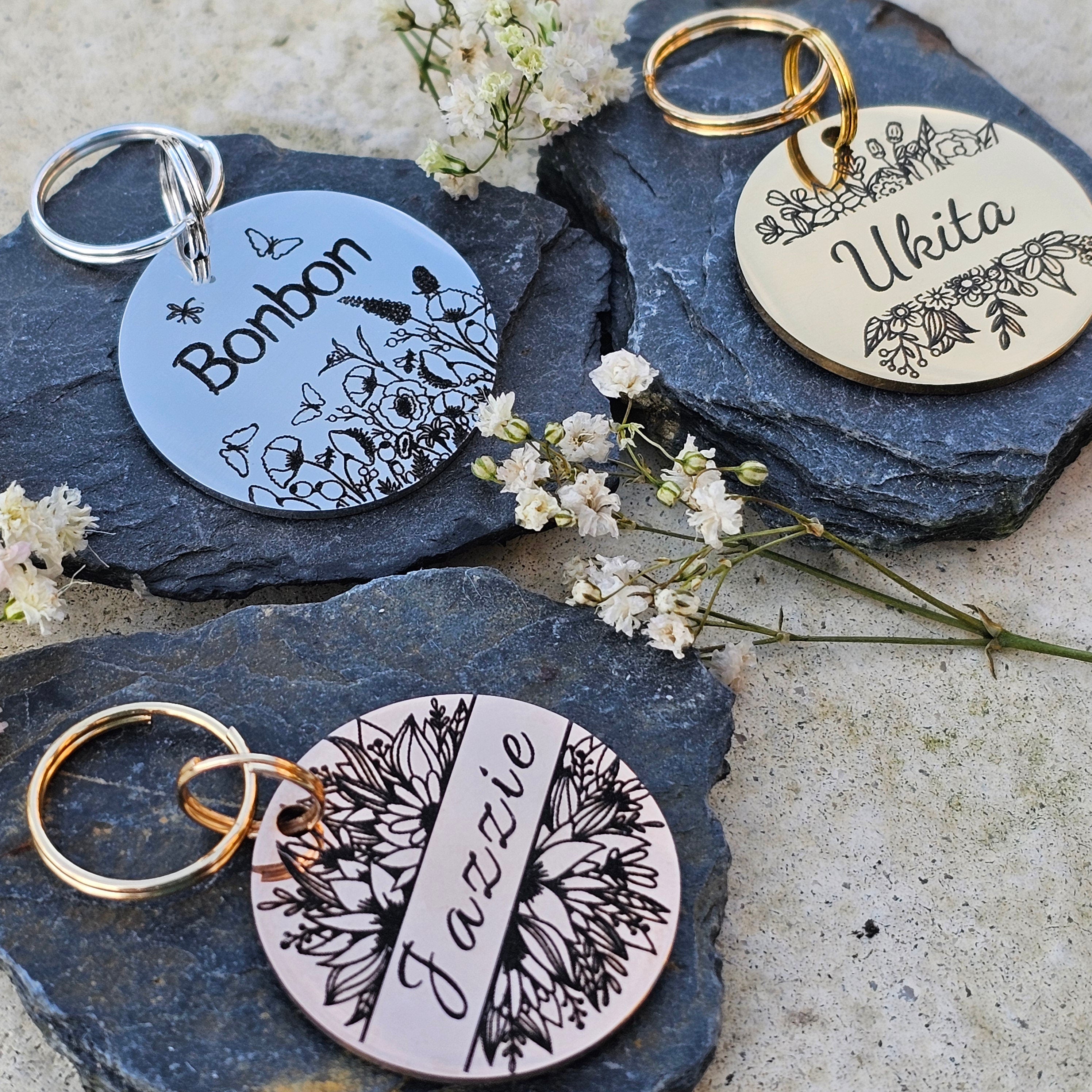 médaille d'identification pour chien et chat avec des design de fleurs - numéro de téléphone - Médaille en acier inoxydable.