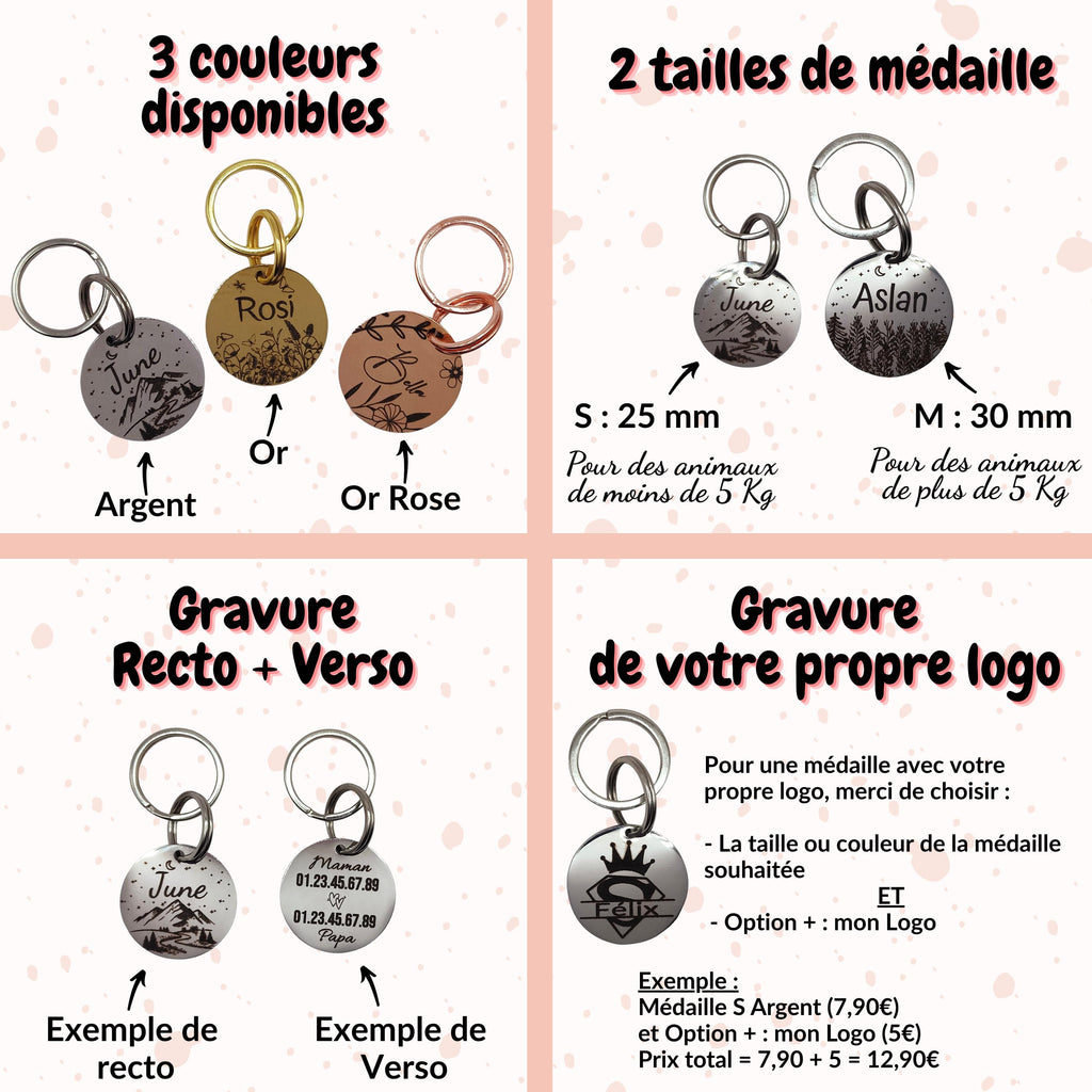 Médaille pour chien et chat gravée personnalisable avec des images de coeur