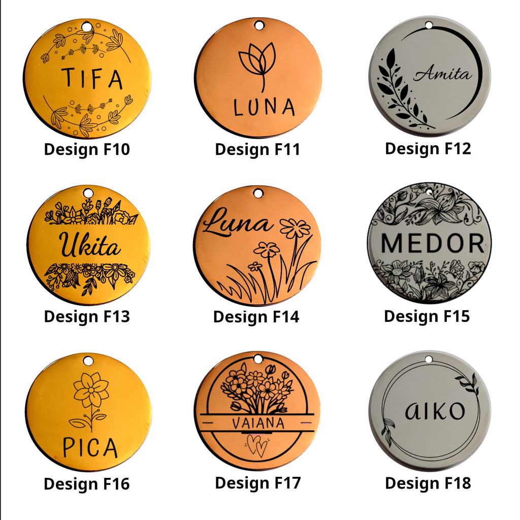 médaille d'identification pour chien et chat avec des design de fleurs - numéro de téléphone - Médaille en acier inoxydable.