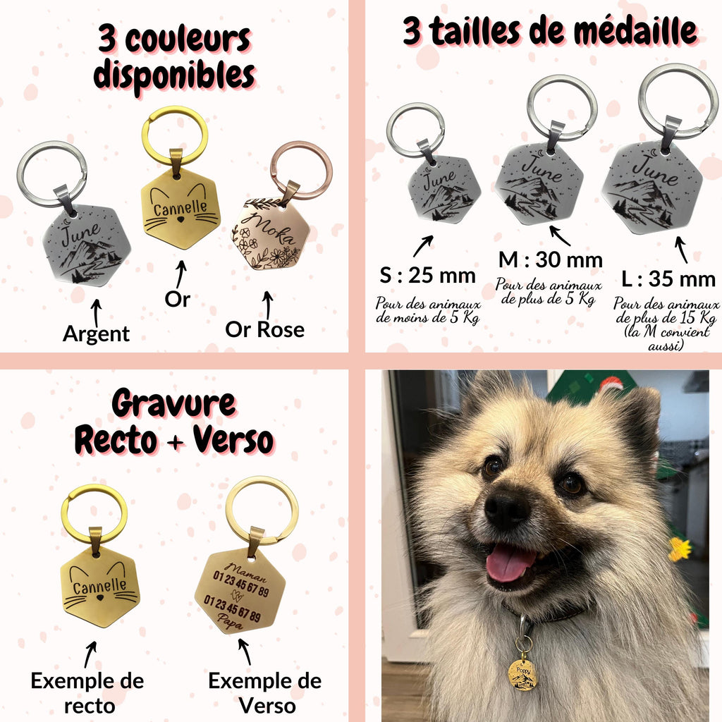 Médaille chien chat personnalisée forme hexagonale – Médaille inox doré or rose – Collier personnalisable avec médaille - gravure laser