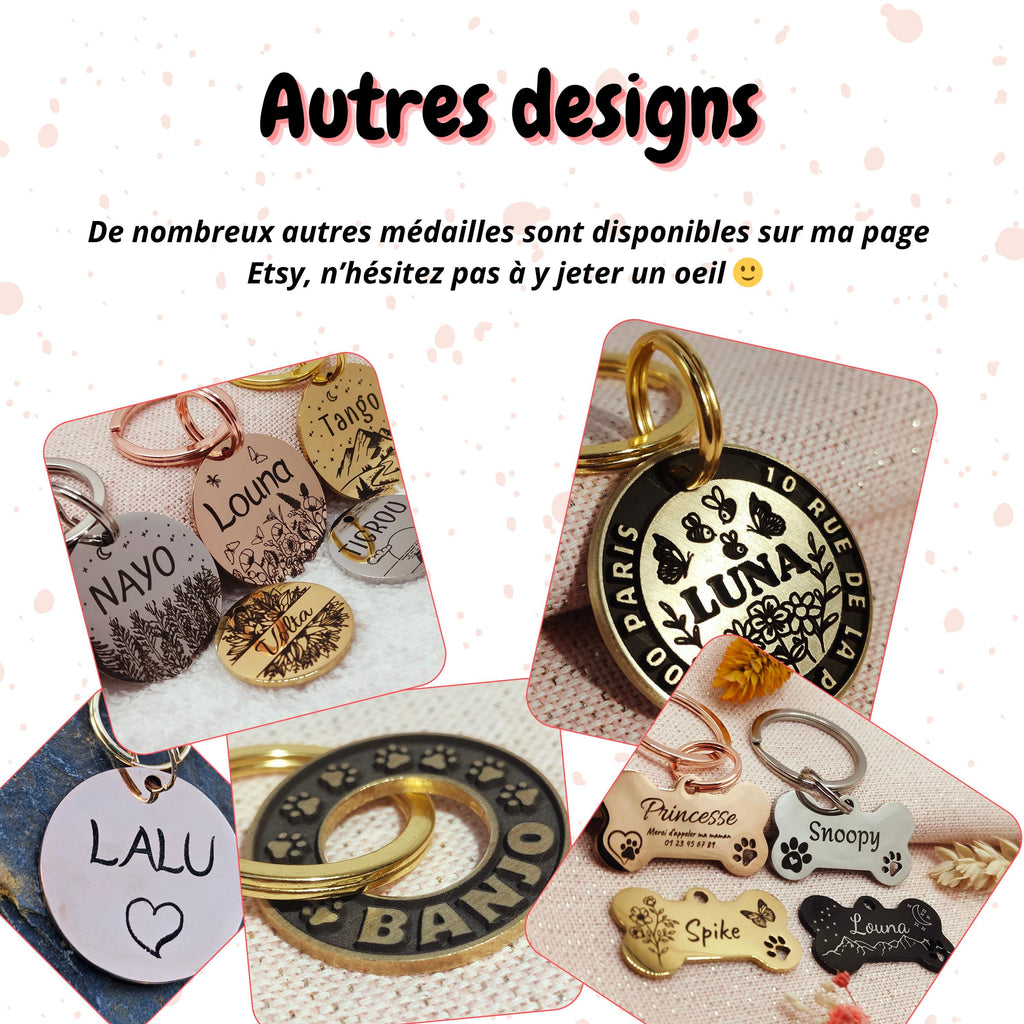 Médaille pour chien et chat gravée personnalisable avec des images de coeur