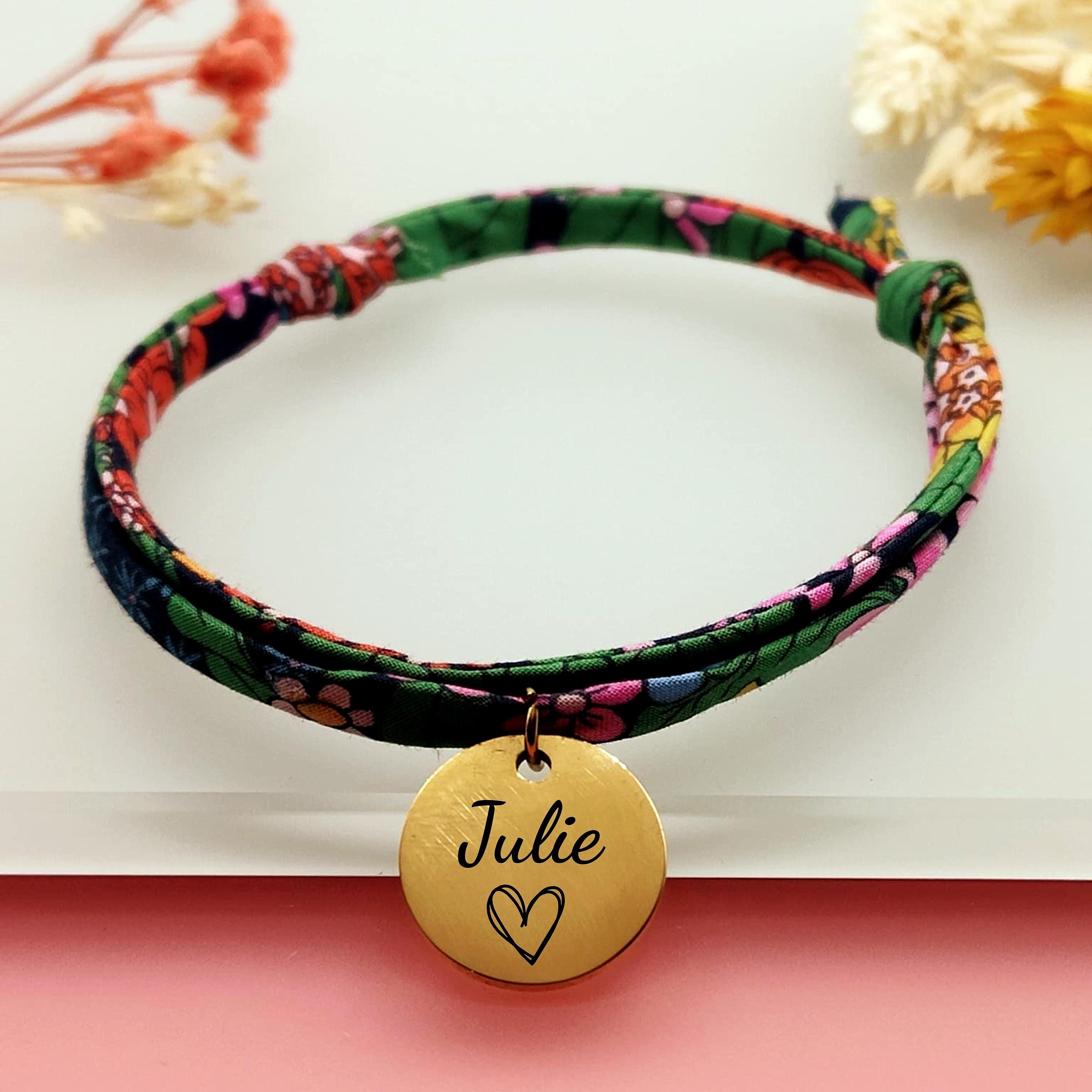 Bracelet personnalisable en coton liberty avec médaille - Reglable par noeud coulissant - Cadeau personnalisé pour noël - Idée cadeau femme