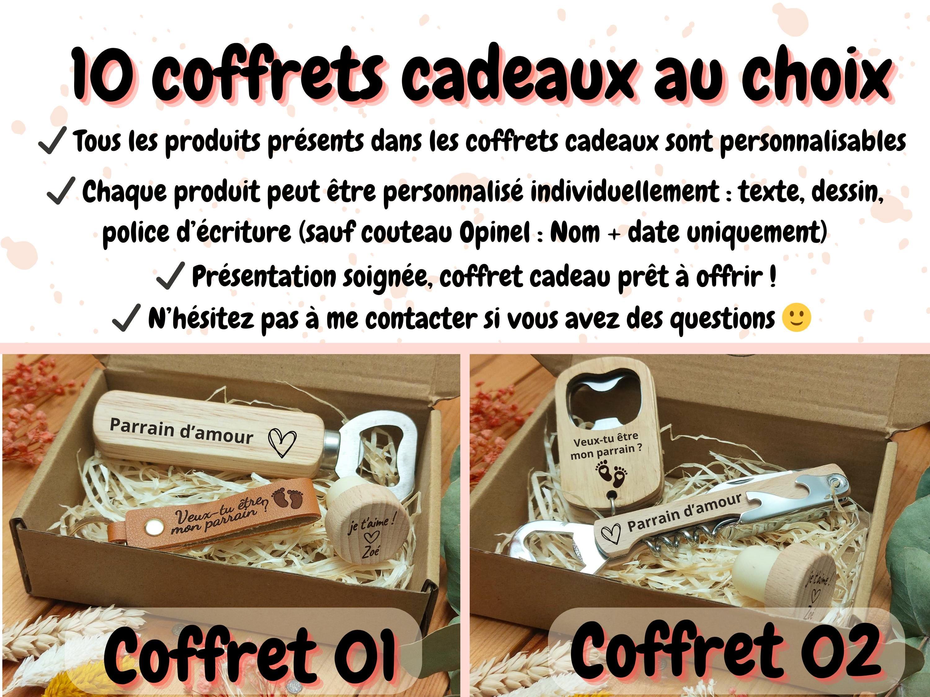 Coffret cadeau naissance personnalisable pour parrain - Cadeau bébé et baptême personnalisé - Produits en bois et en cuir