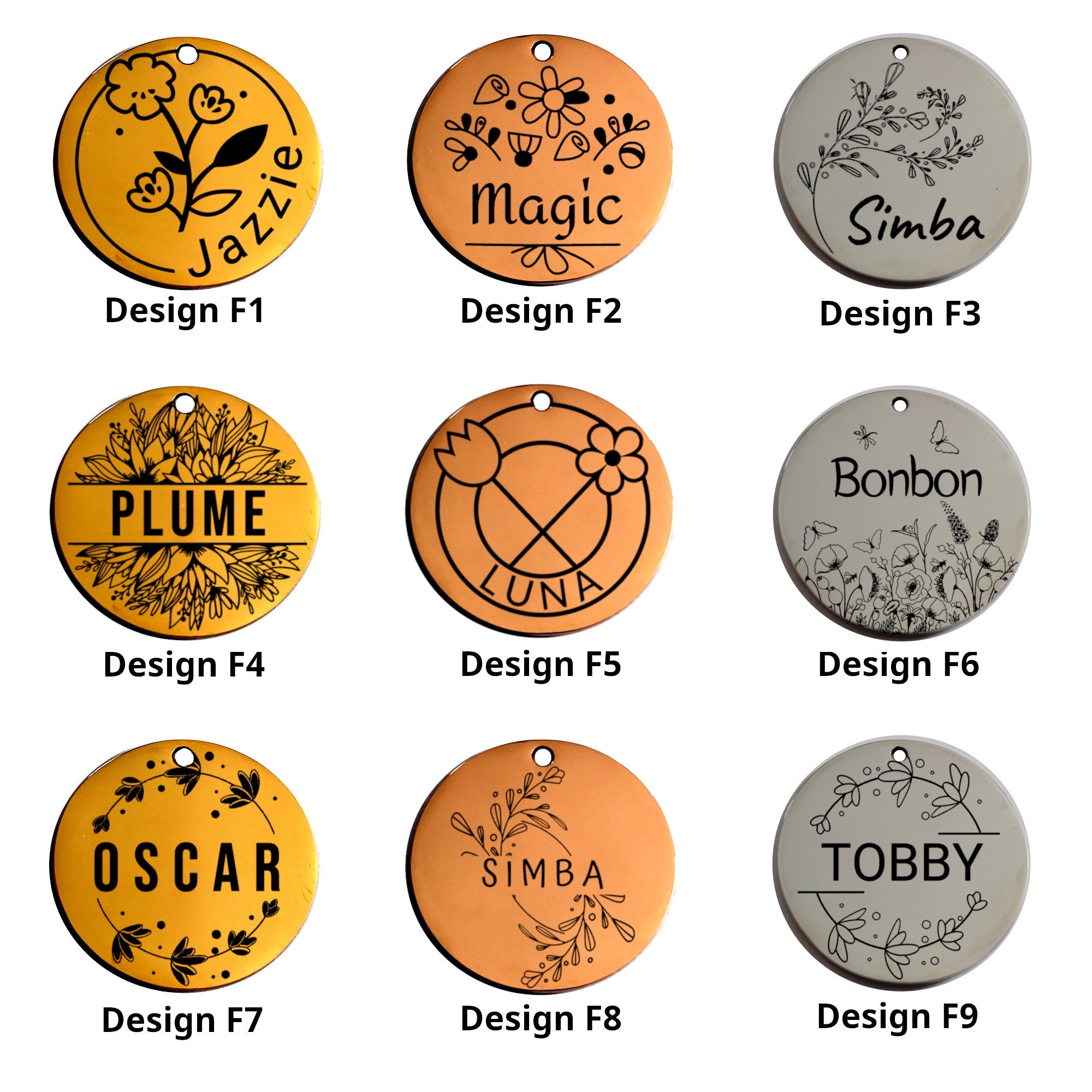 médaille d'identification pour chien et chat avec des design de fleurs - numéro de téléphone - Médaille en acier inoxydable.