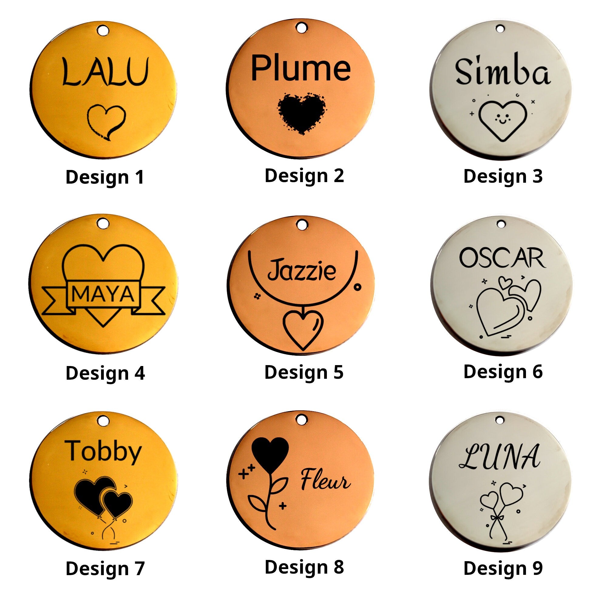 Médaille pour chien et chat gravée personnalisable avec des images de coeur