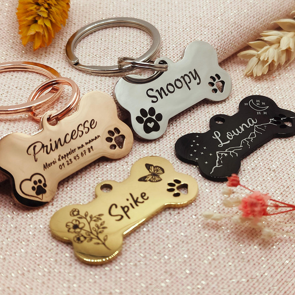 Médaille personnalisée pour chien en forme d'os / Médaille de qualité en inox / Gravure réalisée en France