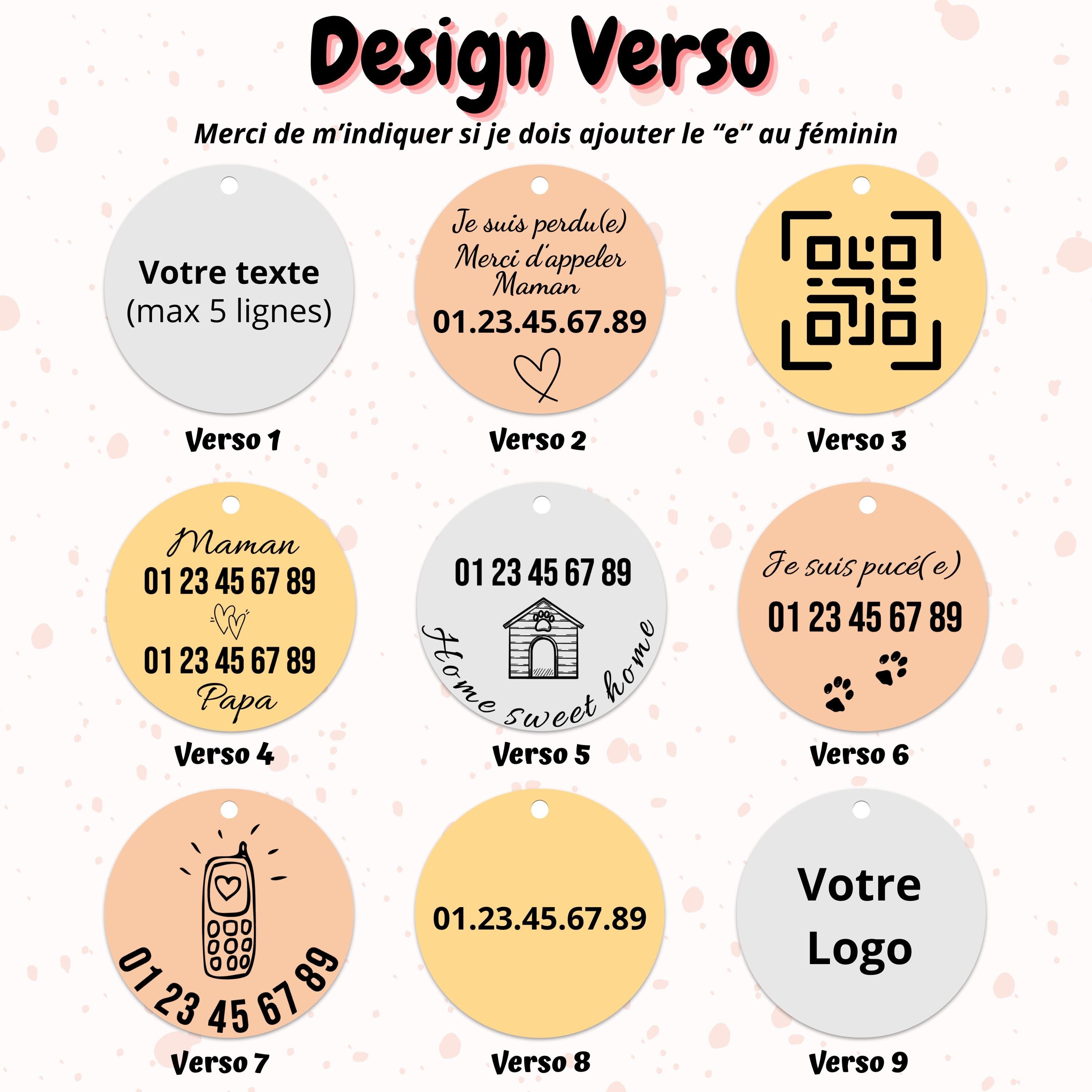 médaille d'identification pour chien et chat avec des design de fleurs - numéro de téléphone - Médaille en acier inoxydable.