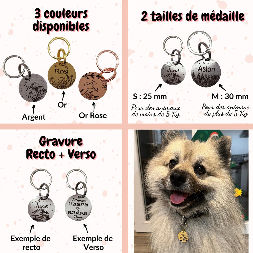 médaille d'identification pour chien et chat avec des design de fleurs - numéro de téléphone - Médaille en acier inoxydable.