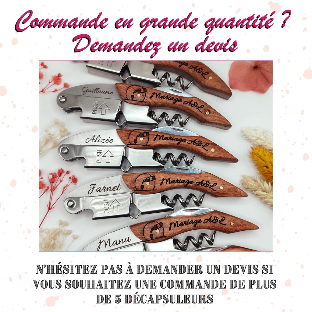 Décapsuleur personnalisé en bois gravé – Cadeau original pour parrain ou témoin